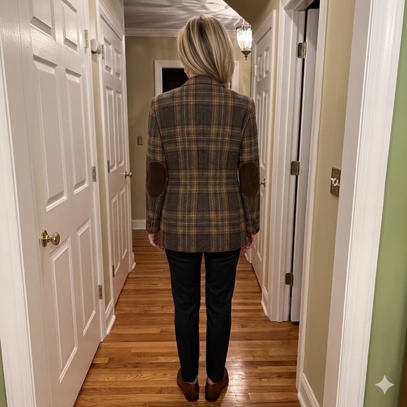 EUC Women's Lauren Ralph Lauren Brown Plaid Wool Blazer Elbow Patches Size 16 - Picture 3 of 8